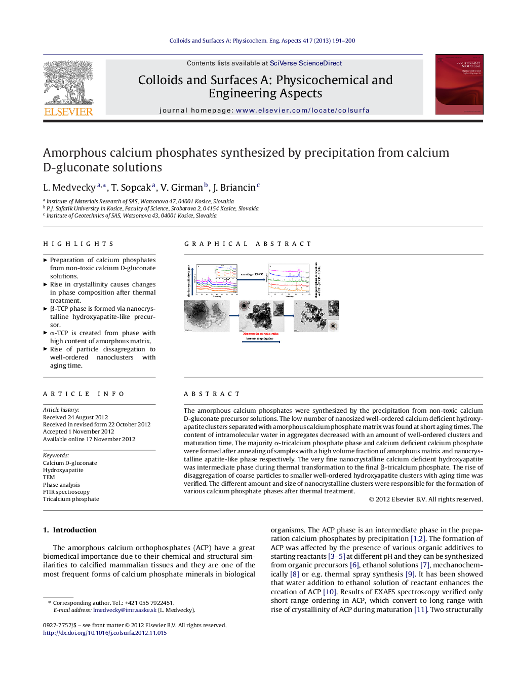 Amorphous calcium phosphates synthesized by precipitation from calcium D-gluconate solutions