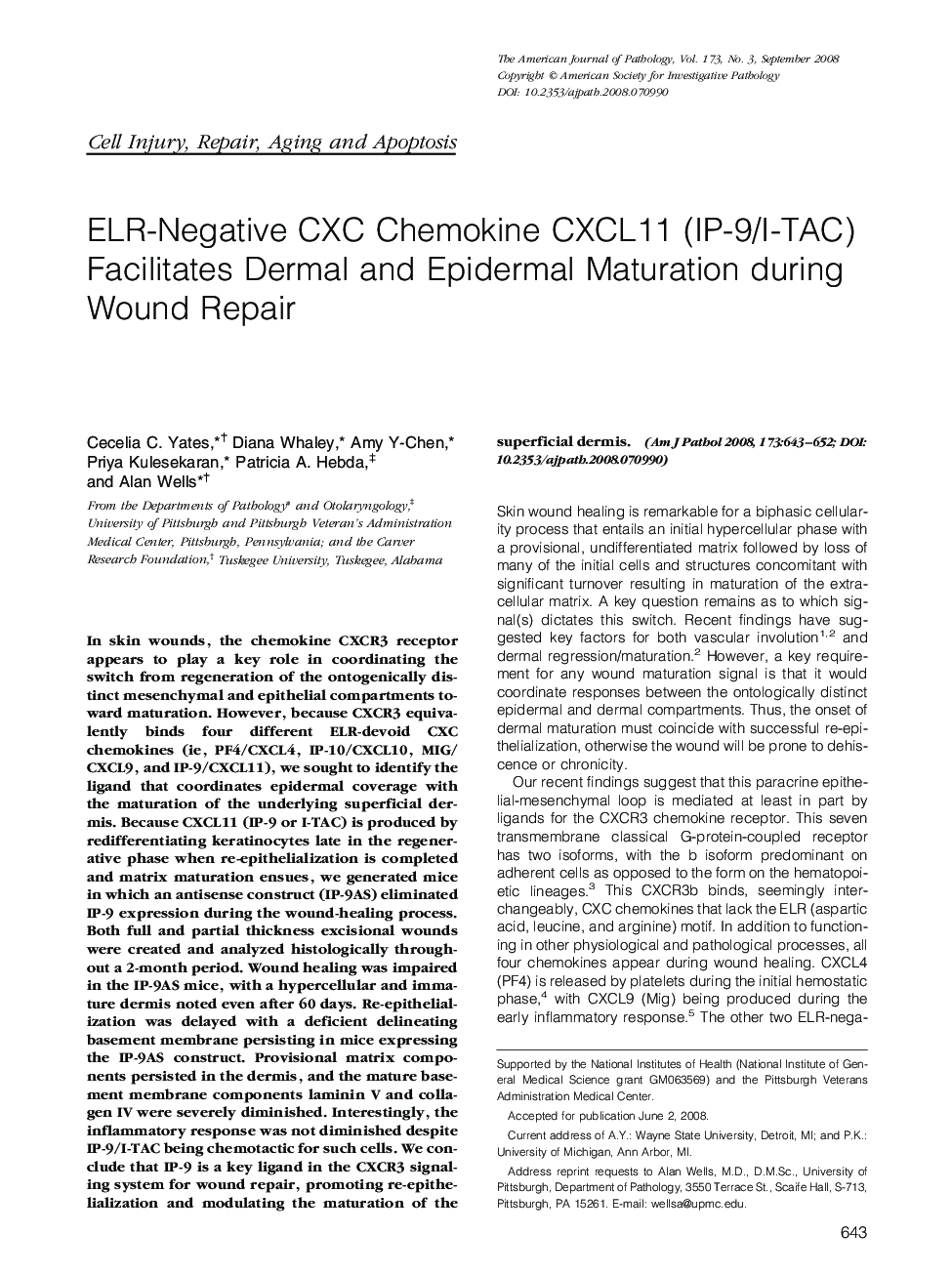 ELR-Negative CXC Chemokine CXCL11 (IP-9/I-TAC) Facilitates Dermal and Epidermal Maturation during Wound Repair