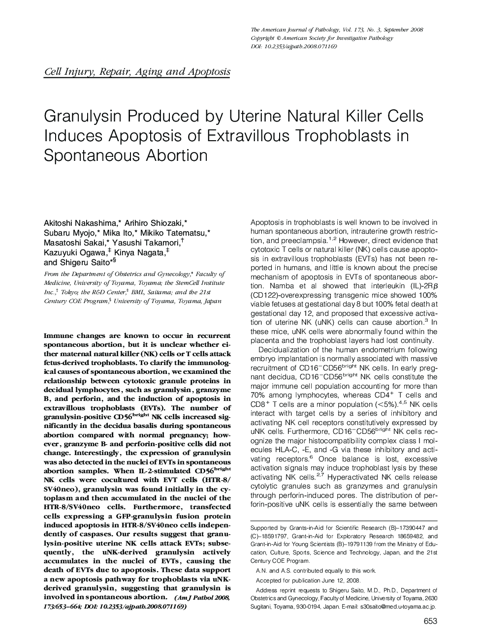 Granulysin Produced by Uterine Natural Killer Cells Induces Apoptosis of Extravillous Trophoblasts in Spontaneous Abortion