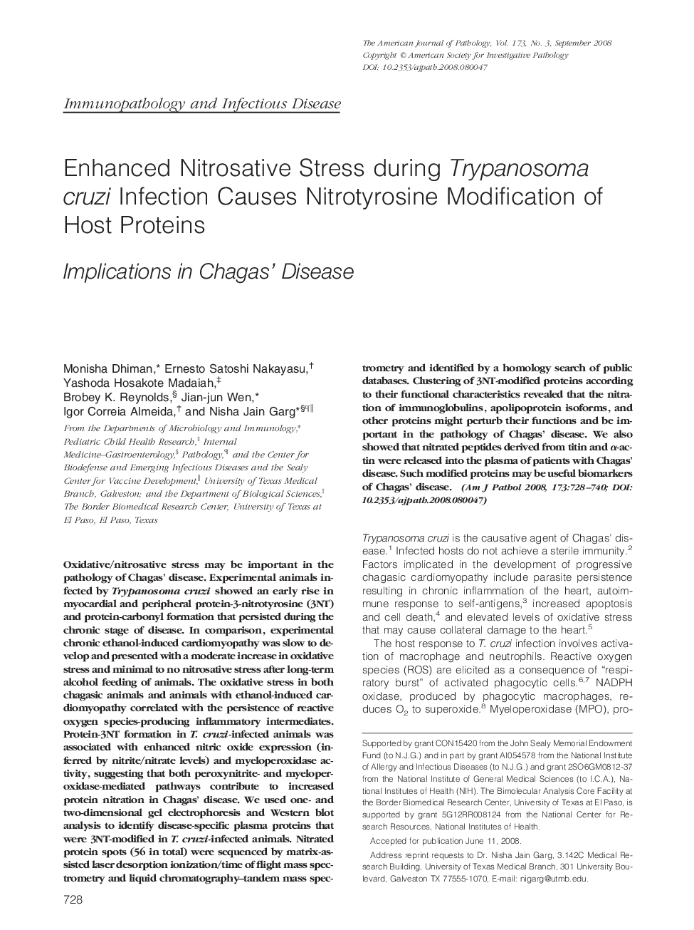 Enhanced Nitrosative Stress during Trypanosoma cruzi Infection Causes Nitrotyrosine Modification of Host Proteins