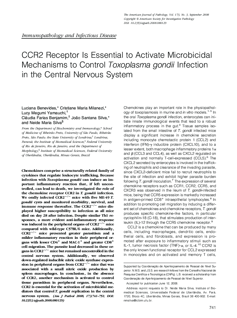 CCR2 Receptor Is Essential to Activate Microbicidal Mechanisms to Control Toxoplasma gondii Infection in the Central Nervous System