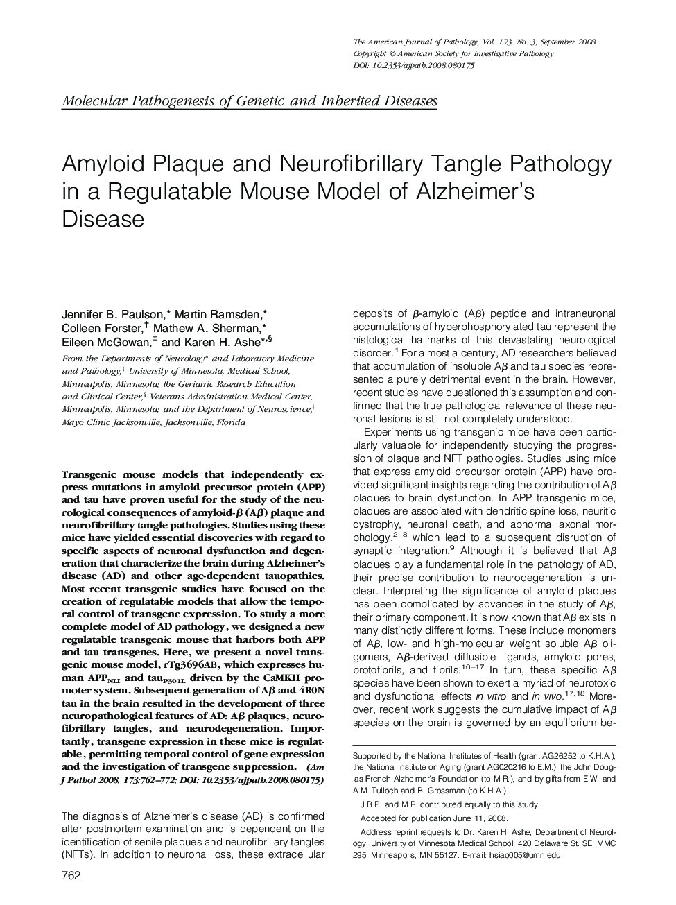Amyloid Plaque and Neurofibrillary Tangle Pathology in a Regulatable Mouse Model of Alzheimer's Disease