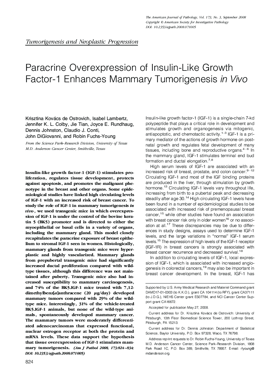 Paracrine Overexpression of Insulin-Like Growth Factor-1 Enhances Mammary Tumorigenesis in Vivo