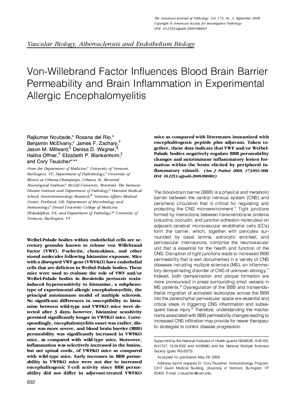 Von-Willebrand Factor Influences Blood Brain Barrier Permeability and Brain Inflammation in Experimental Allergic Encephalomyelitis