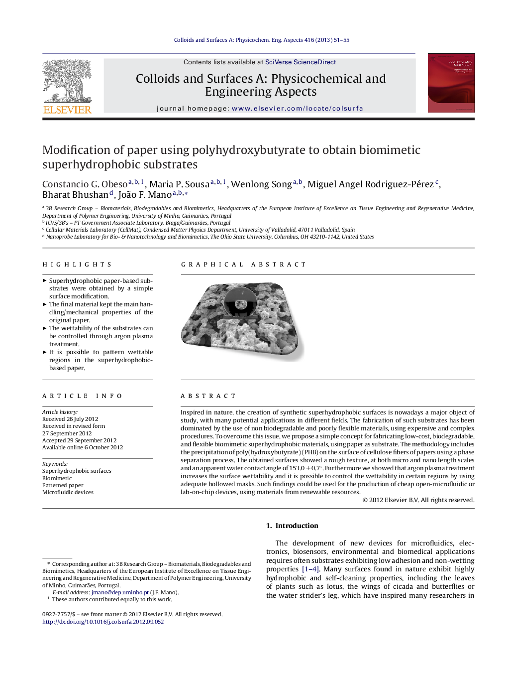 Modification of paper using polyhydroxybutyrate to obtain biomimetic superhydrophobic substrates