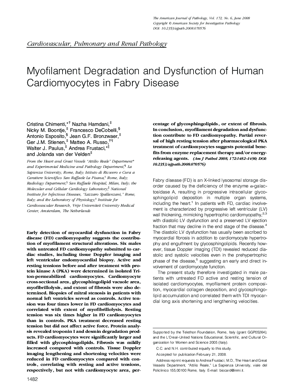 Myofilament Degradation and Dysfunction of Human Cardiomyocytes in Fabry Disease