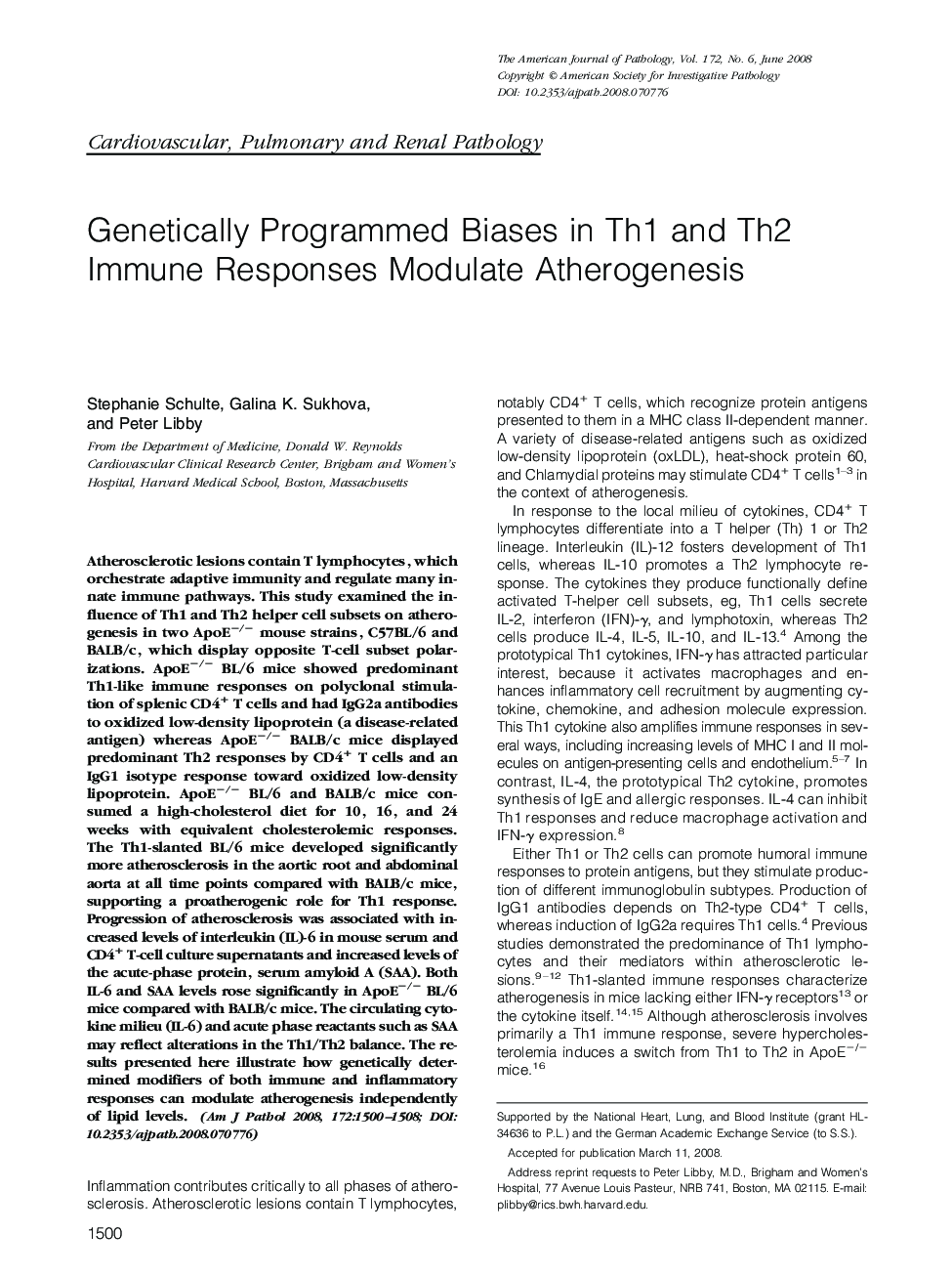 Genetically Programmed Biases in Th1 and Th2 Immune Responses Modulate Atherogenesis
