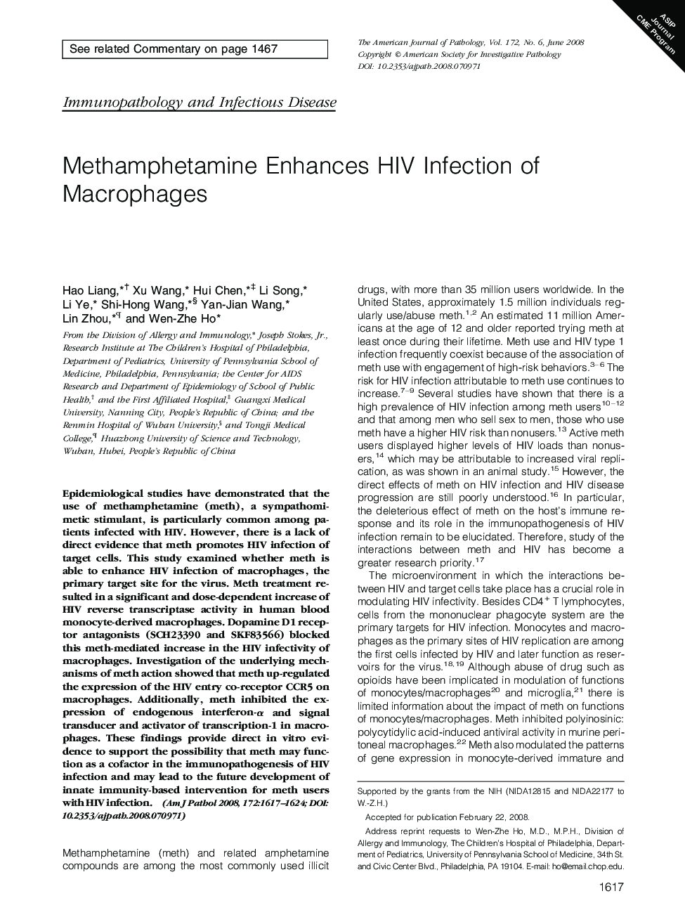 Methamphetamine Enhances HIV Infection of Macrophages