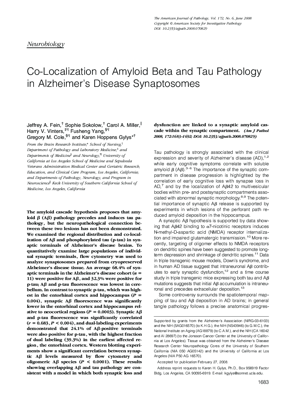 Co-Localization of Amyloid Beta and Tau Pathology in Alzheimer's Disease Synaptosomes