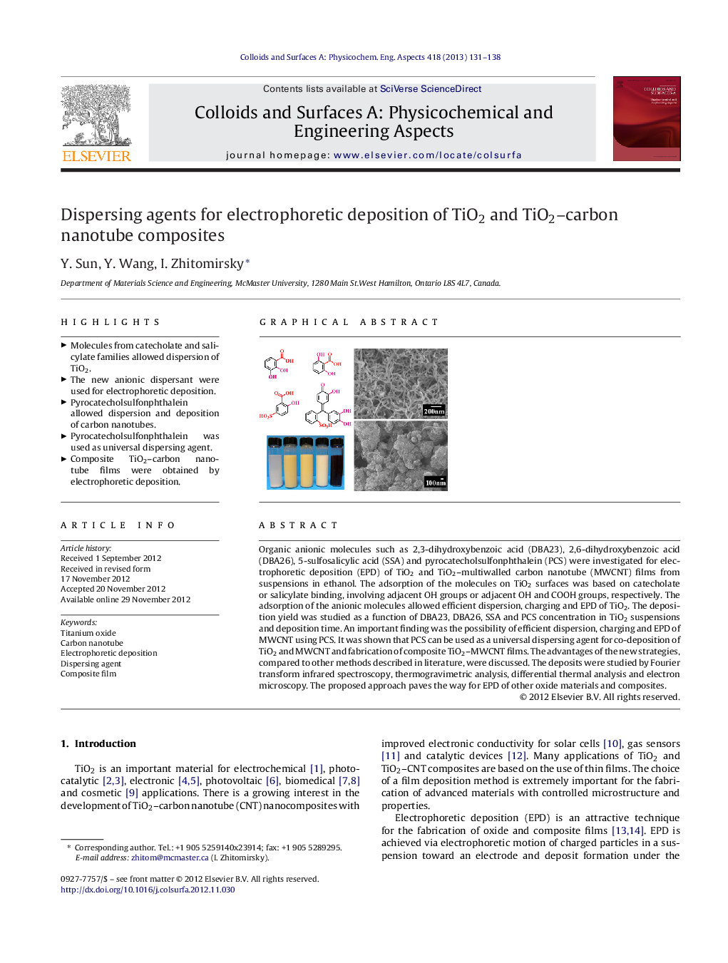 Dispersing agents for electrophoretic deposition of TiO2 and TiO2–carbon nanotube composites