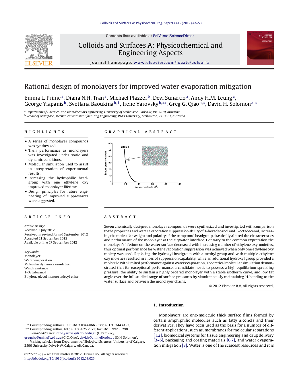 Rational design of monolayers for improved water evaporation mitigation