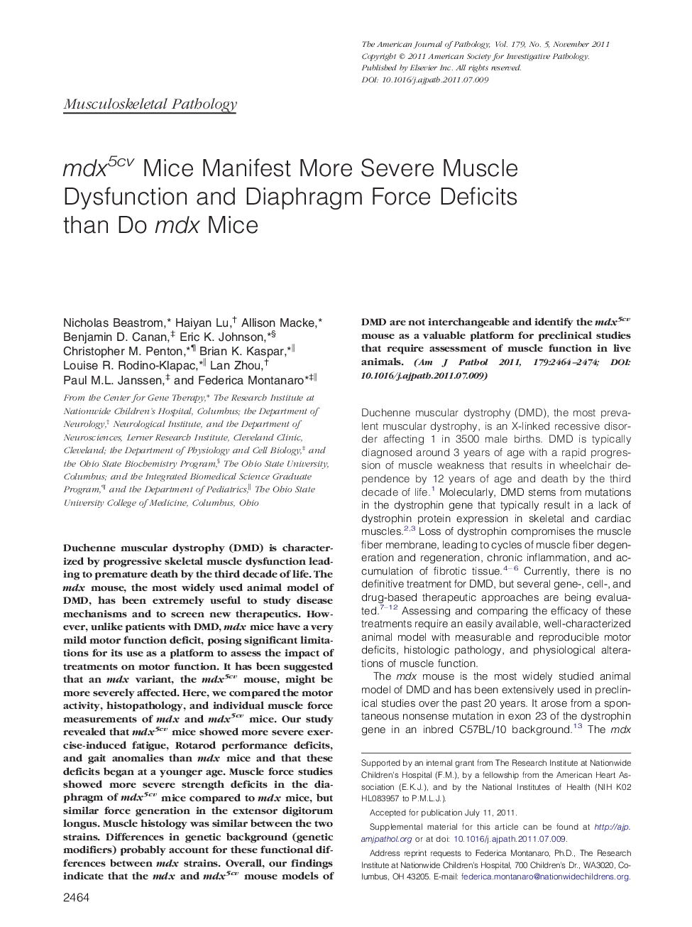 mdx5cv Mice Manifest More Severe Muscle Dysfunction and Diaphragm Force Deficits than Do mdx Mice