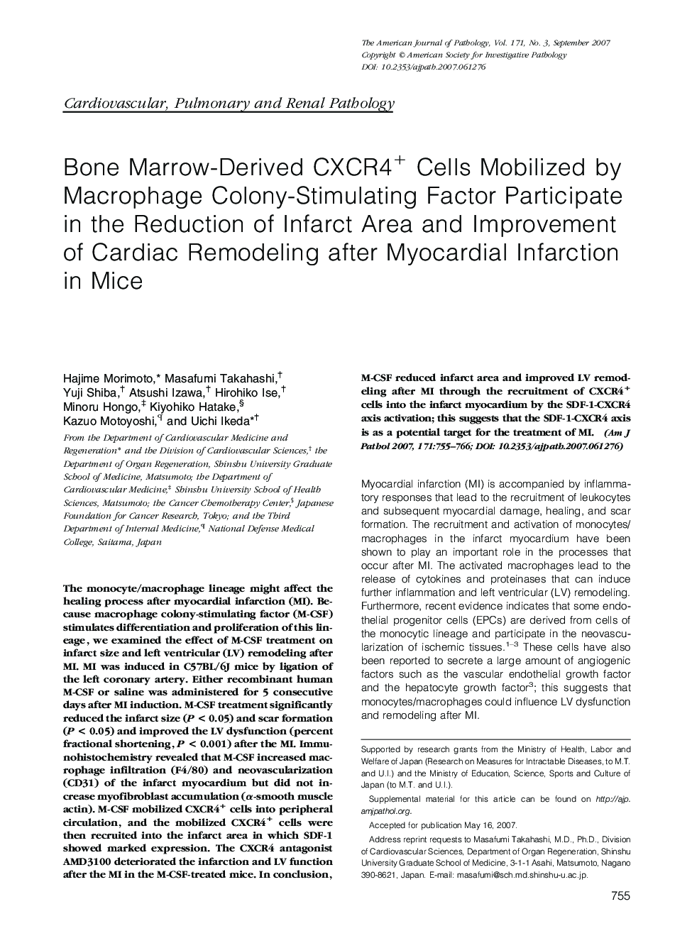 Bone Marrow-Derived CXCR4+ Cells Mobilized by Macrophage Colony-Stimulating Factor Participate in the Reduction of Infarct Area and Improvement of Cardiac Remodeling after Myocardial Infarction in Mice