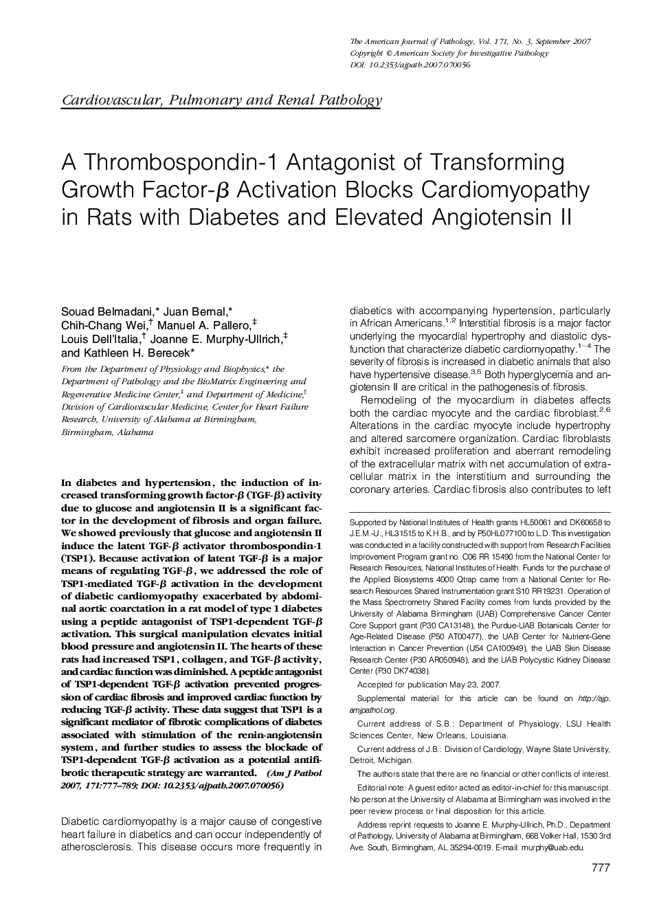 A Thrombospondin-1 Antagonist of Transforming Growth Factor-Î² Activation Blocks Cardiomyopathy in Rats with Diabetes and Elevated Angiotensin II