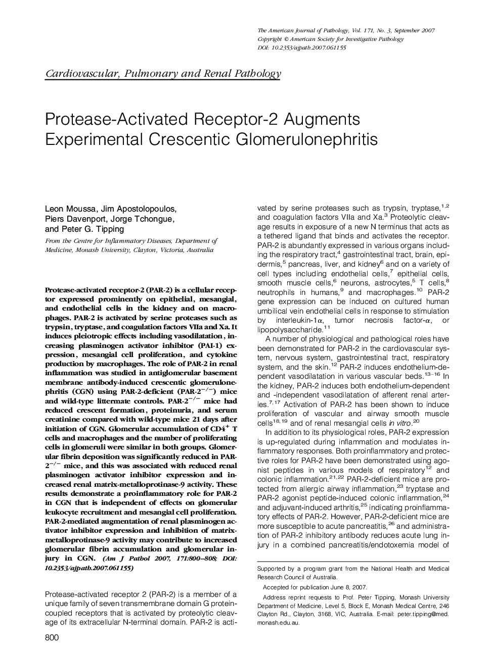Protease-Activated Receptor-2 Augments Experimental Crescentic Glomerulonephritis
