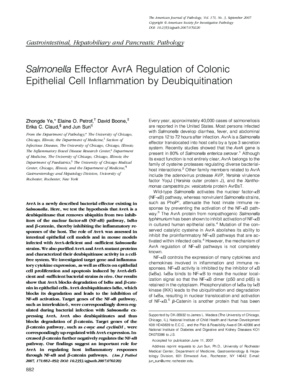 Salmonella Effector AvrA Regulation of Colonic Epithelial Cell Inflammation by Deubiquitination