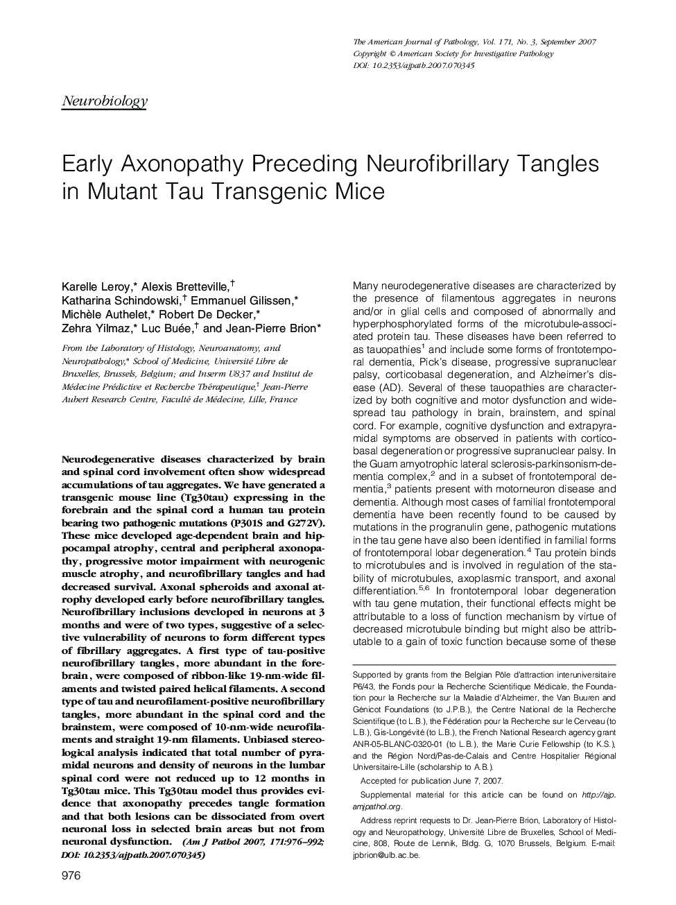 Early Axonopathy Preceding Neurofibrillary Tangles in Mutant Tau Transgenic Mice