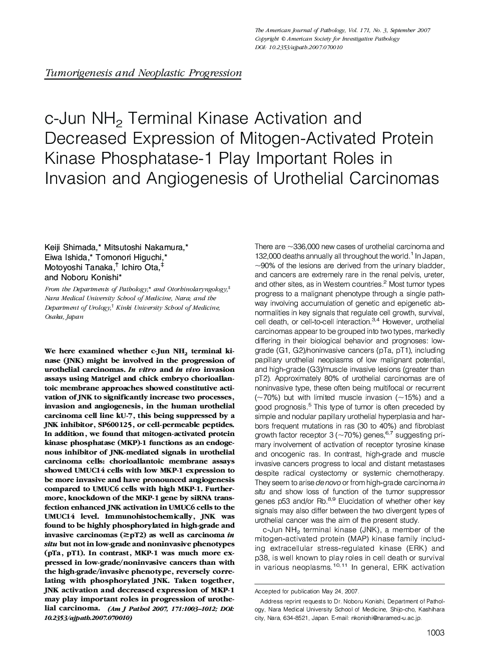 c-Jun NH2 Terminal Kinase Activation and Decreased Expression of Mitogen-Activated Protein Kinase Phosphatase-1 Play Important Roles in Invasion and Angiogenesis of Urothelial Carcinomas