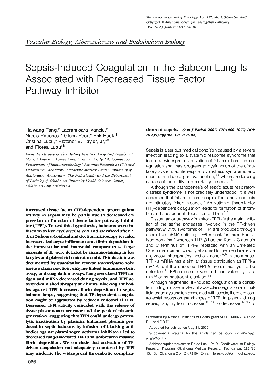 Sepsis-Induced Coagulation in the Baboon Lung Is Associated with Decreased Tissue Factor Pathway Inhibitor