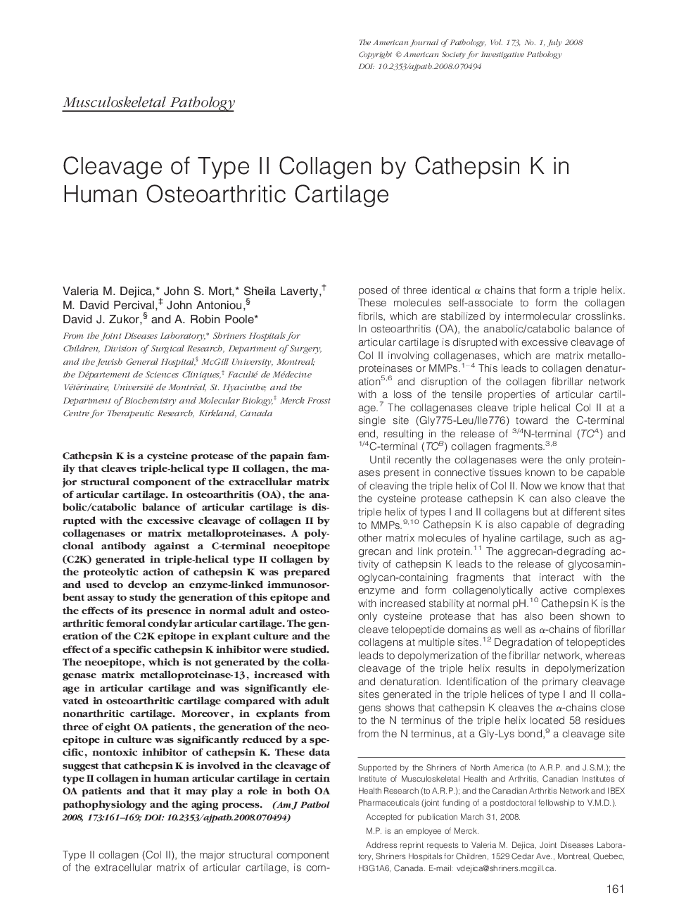 Cleavage of Type II Collagen by Cathepsin K in Human Osteoarthritic Cartilage