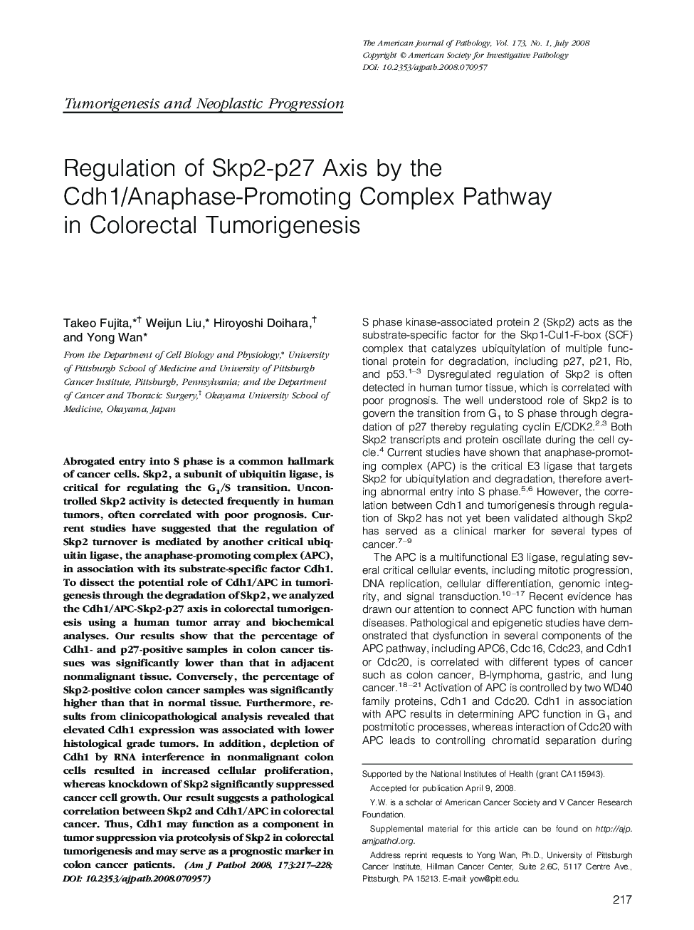 Regulation of Skp2-p27 Axis by the Cdh1/Anaphase-Promoting Complex Pathway in Colorectal Tumorigenesis