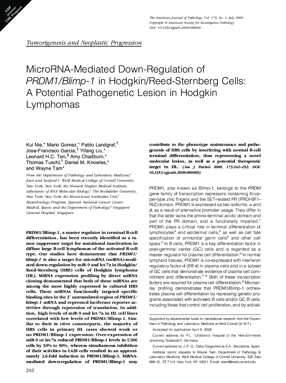 MicroRNA-Mediated Down-Regulation of PRDM1/Blimp-1 in Hodgkin/Reed-Sternberg Cells: A Potential Pathogenetic Lesion in Hodgkin Lymphomas