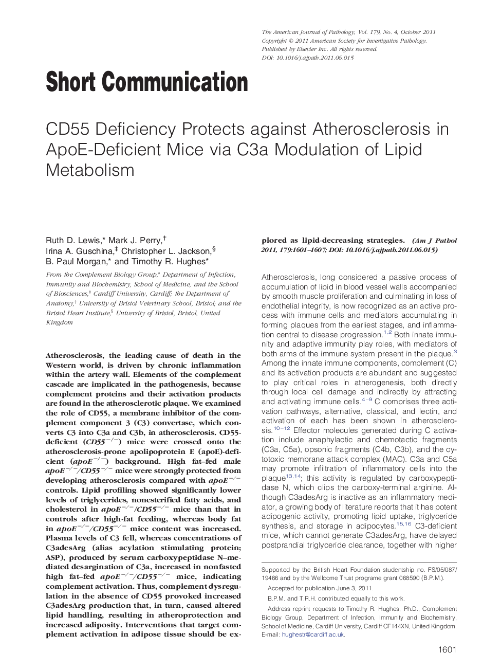 CD55 Deficiency Protects against Atherosclerosis in ApoE-Deficient Mice via C3a Modulation of Lipid Metabolism