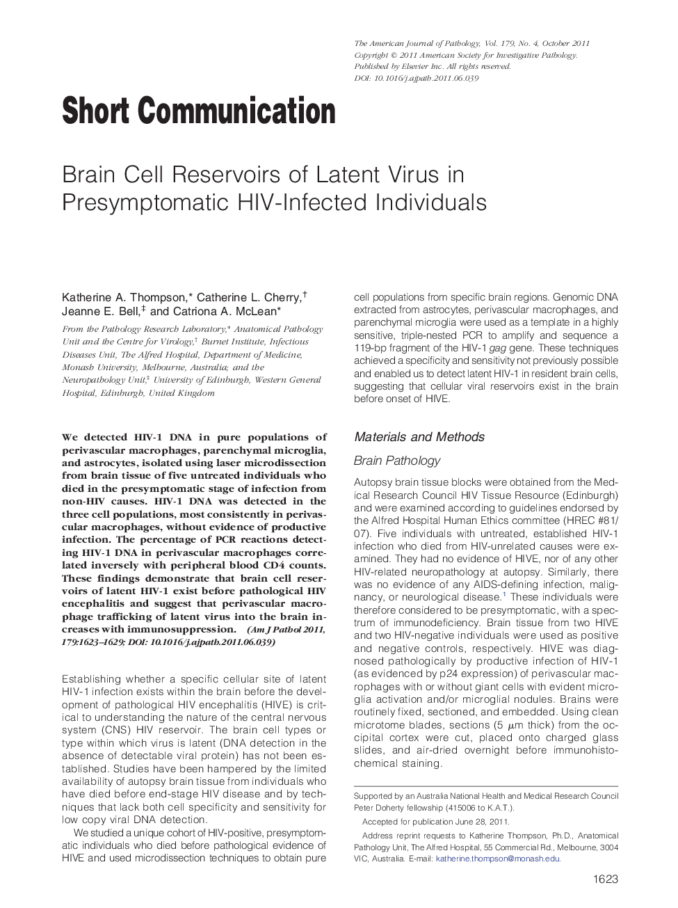 Brain Cell Reservoirs of Latent Virus in Presymptomatic HIV-Infected Individuals