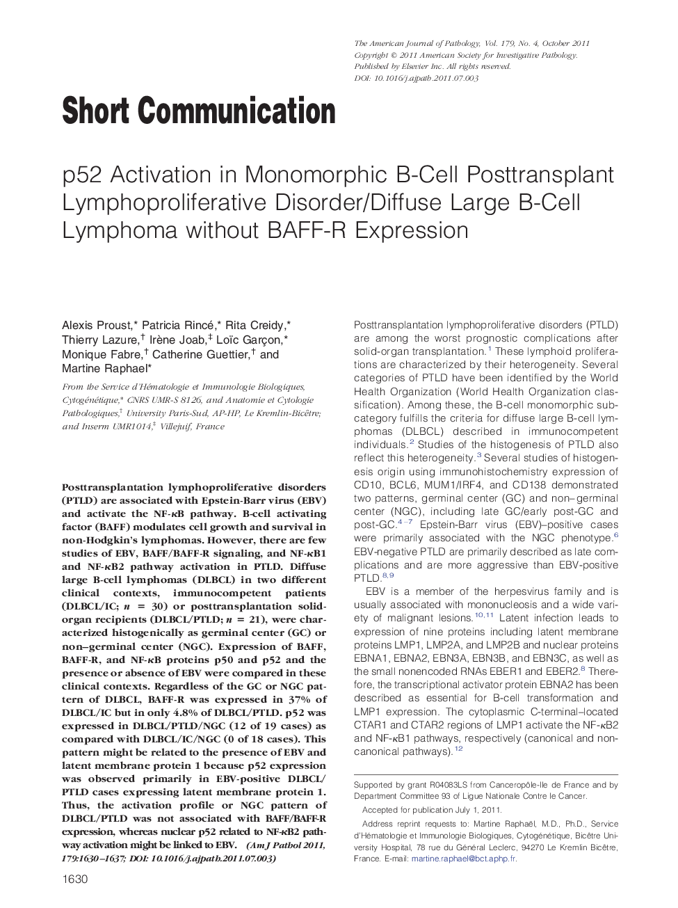 p52 Activation in Monomorphic B-Cell Posttransplant Lymphoproliferative Disorder/Diffuse Large B-Cell Lymphoma without BAFF-R Expression