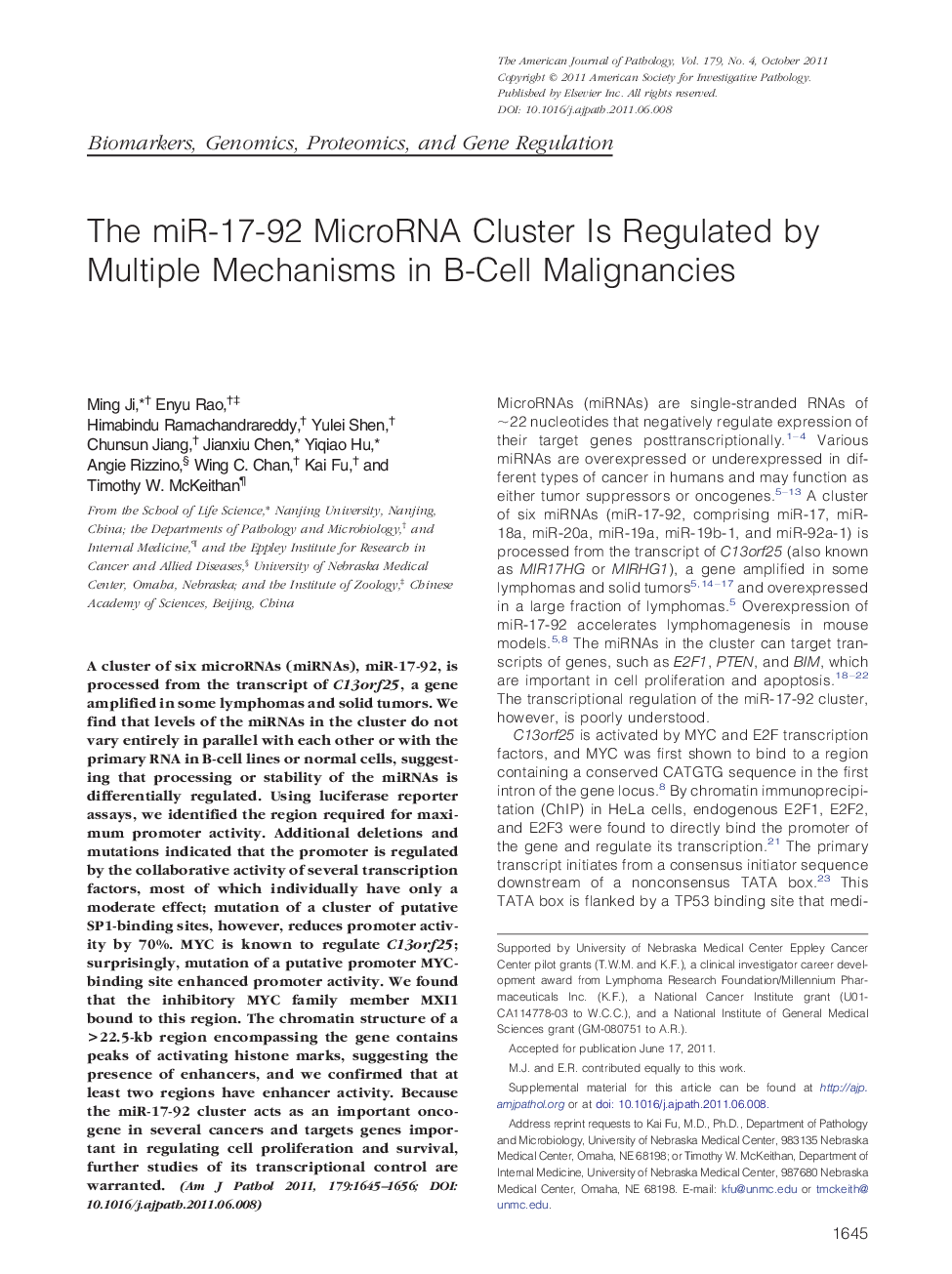 Regular articleBiomarkers, genomics, proteomics, and gene regulationThe miR-17-92 MicroRNA Cluster Is Regulated by Multiple Mechanisms in B-Cell Malignancies