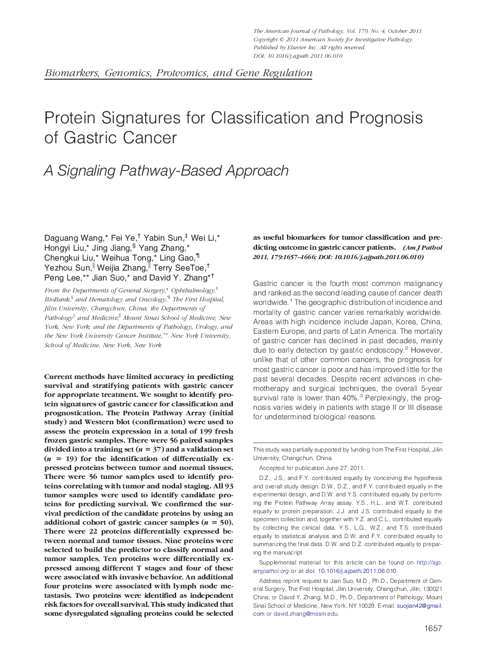 Protein Signatures for Classification and Prognosis of Gastric Cancer