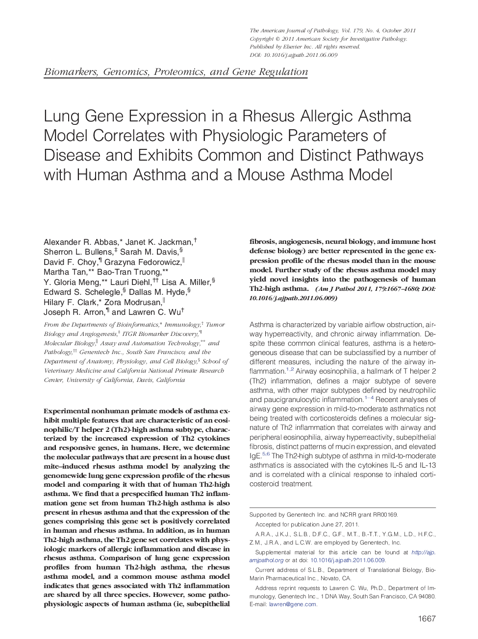 Lung Gene Expression in a Rhesus Allergic Asthma Model Correlates with Physiologic Parameters of Disease and Exhibits Common and Distinct Pathways with Human Asthma and a Mouse Asthma Model