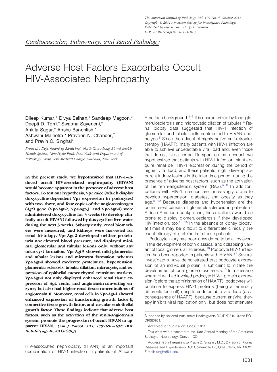 Regular articleCardiovascular, pulmonary, and renal pathologyAdverse Host Factors Exacerbate Occult HIV-Associated Nephropathy