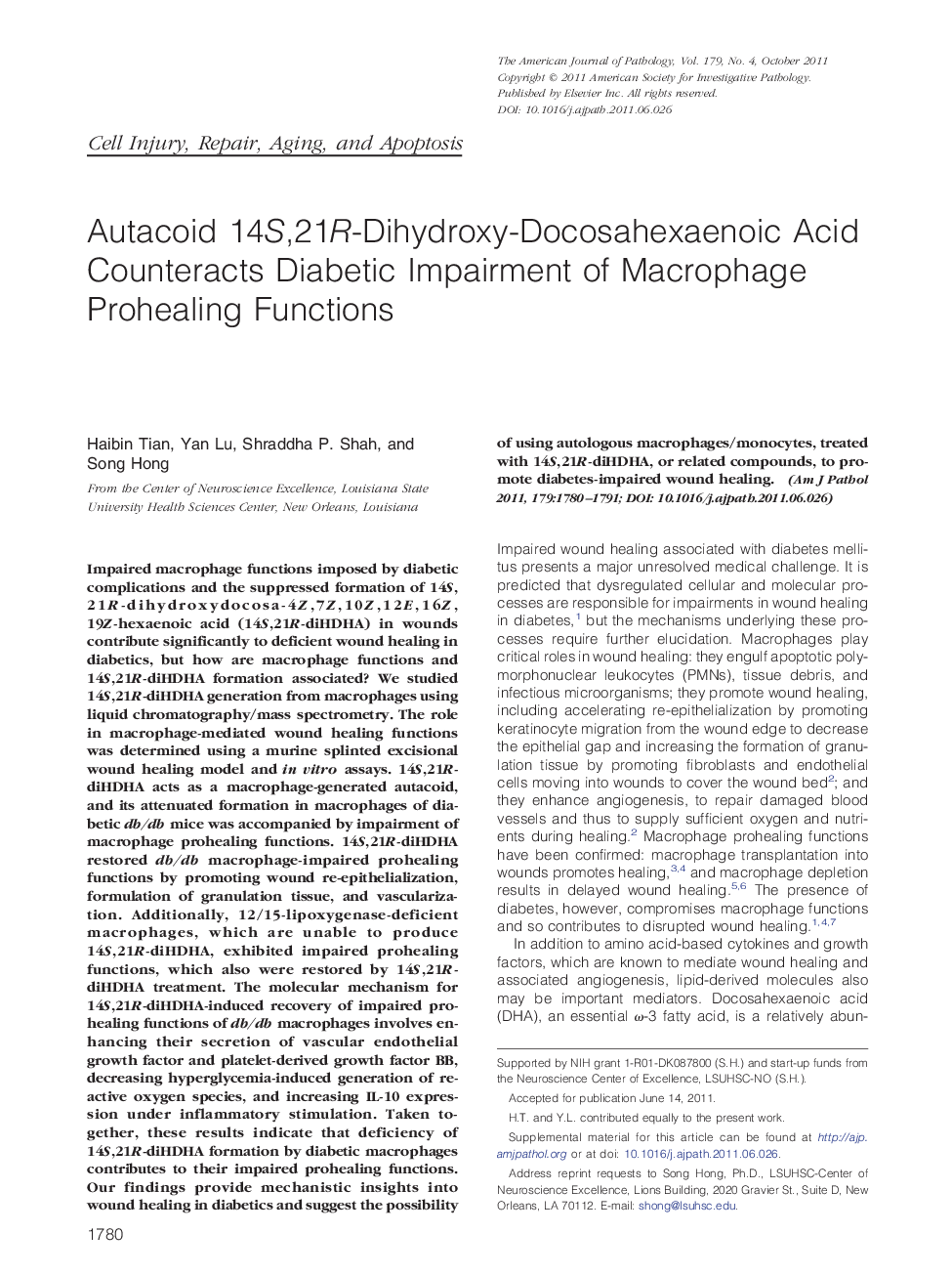Autacoid 14S,21R-Dihydroxy-Docosahexaenoic Acid Counteracts Diabetic Impairment of Macrophage Prohealing Functions