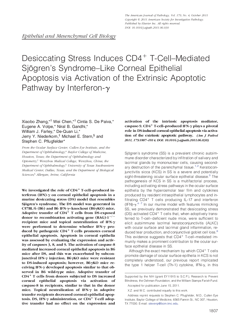 Regular articleEpithelial and mesenchymal cell biologyDesiccating Stress Induces CD4+ T-Cell-Mediated Sjögren's Syndrome-Like Corneal Epithelial Apoptosis via Activation of the Extrinsic Apoptotic Pathway by Interferon-Î³