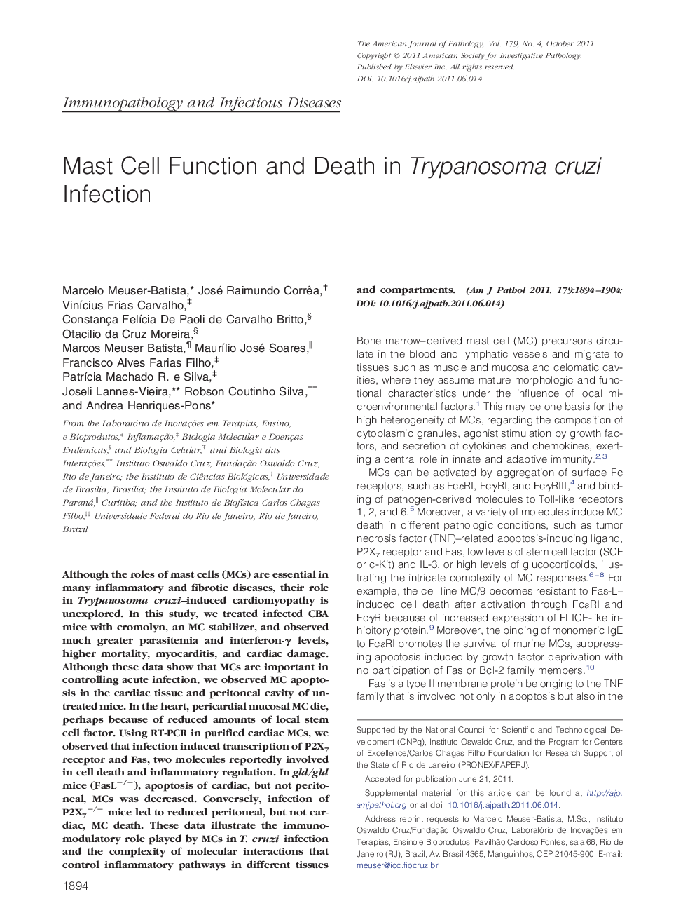 Regular articleImmunopathology and infectious diseasesMast Cell Function and Death in Trypanosoma cruzi Infection