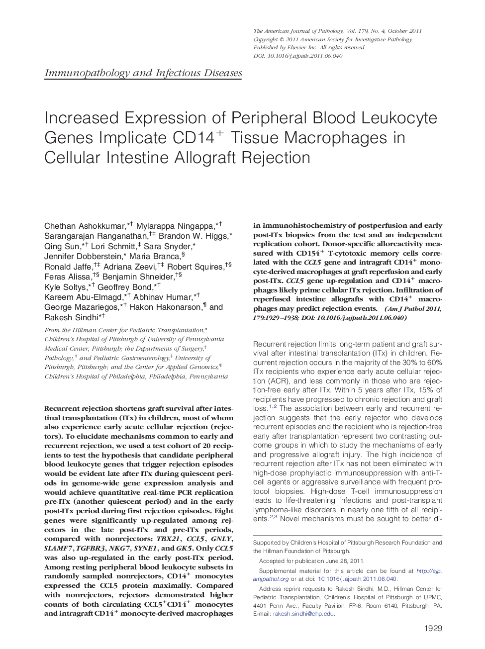 Increased Expression of Peripheral Blood Leukocyte Genes Implicate CD14+ Tissue Macrophages in Cellular Intestine Allograft Rejection