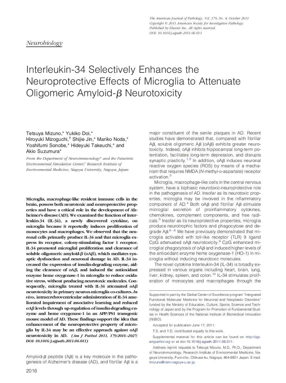 Interleukin-34 Selectively Enhances the Neuroprotective Effects of Microglia to Attenuate Oligomeric Amyloid-Î² Neurotoxicity