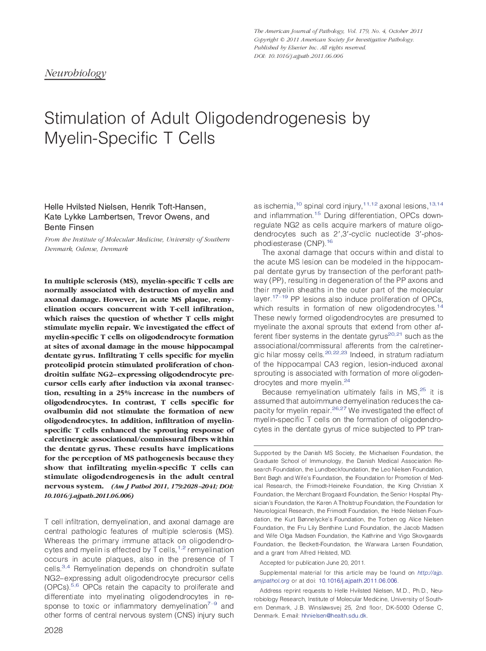 Stimulation of Adult Oligodendrogenesis by Myelin-Specific T Cells
