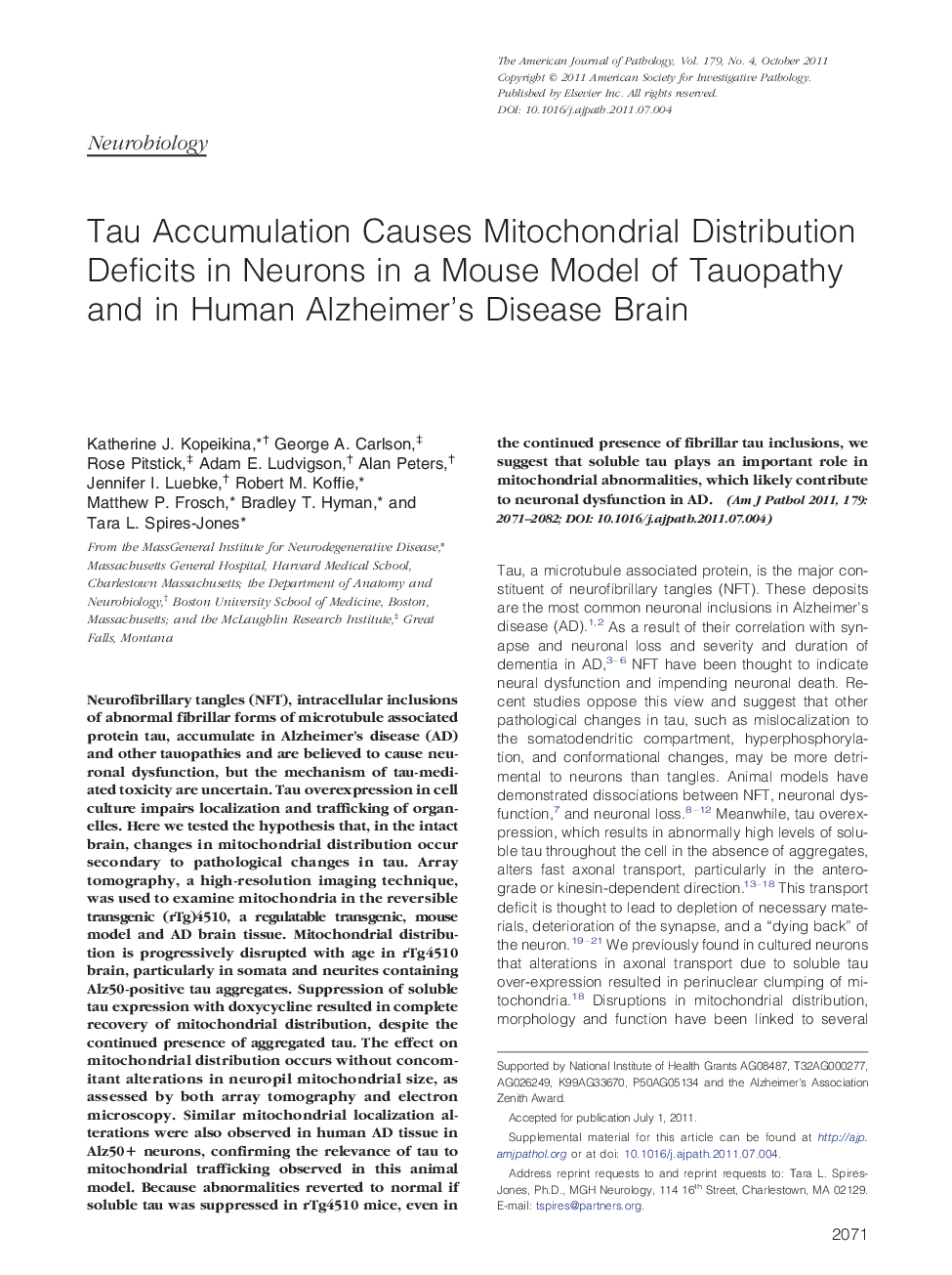 Regular articleNeurobiologyTau Accumulation Causes Mitochondrial Distribution Deficits in Neurons in a Mouse Model of Tauopathy and in Human Alzheimer's Disease Brain