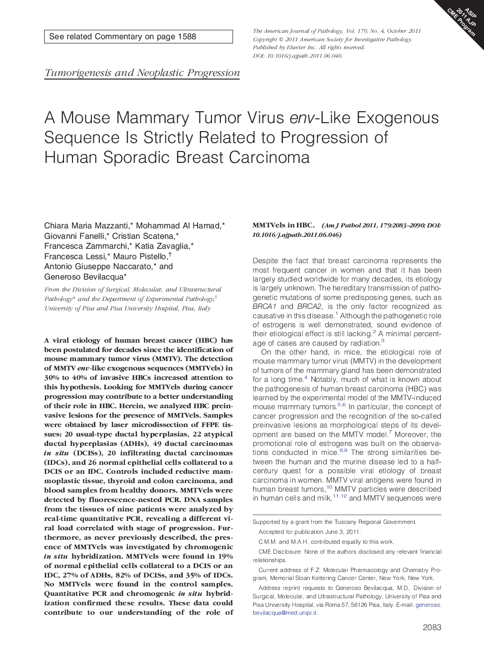 A Mouse Mammary Tumor Virus env-Like Exogenous Sequence Is Strictly Related to Progression of Human Sporadic Breast Carcinoma