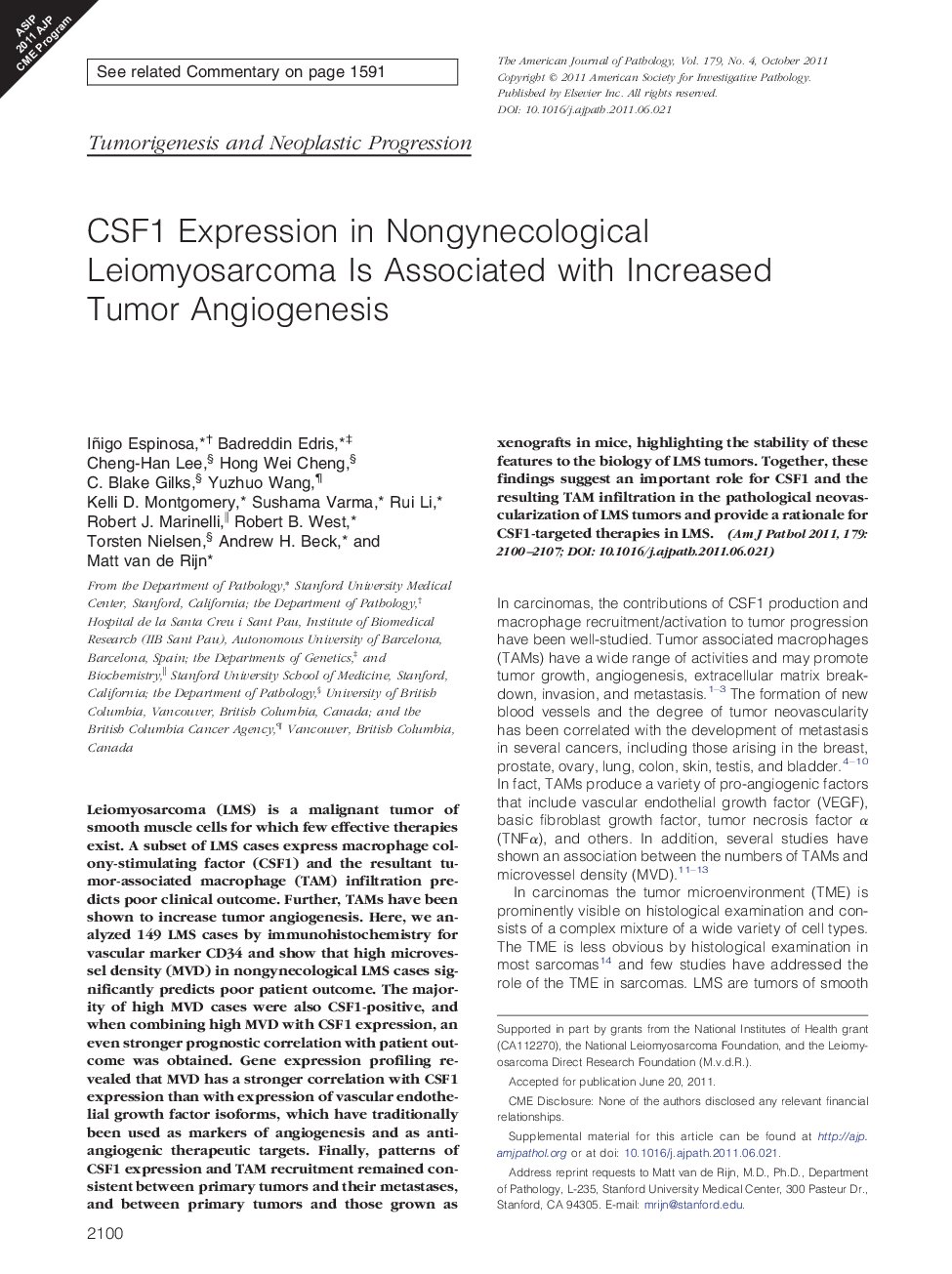 CSF1 Expression in Nongynecological Leiomyosarcoma Is Associated with Increased Tumor Angiogenesis
