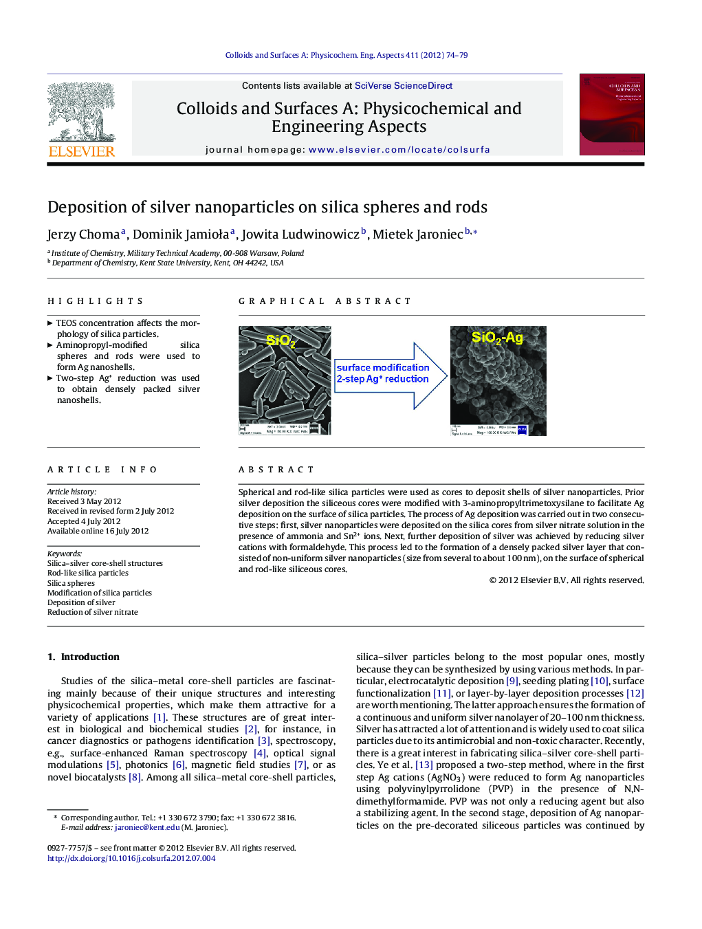 Deposition of silver nanoparticles on silica spheres and rods