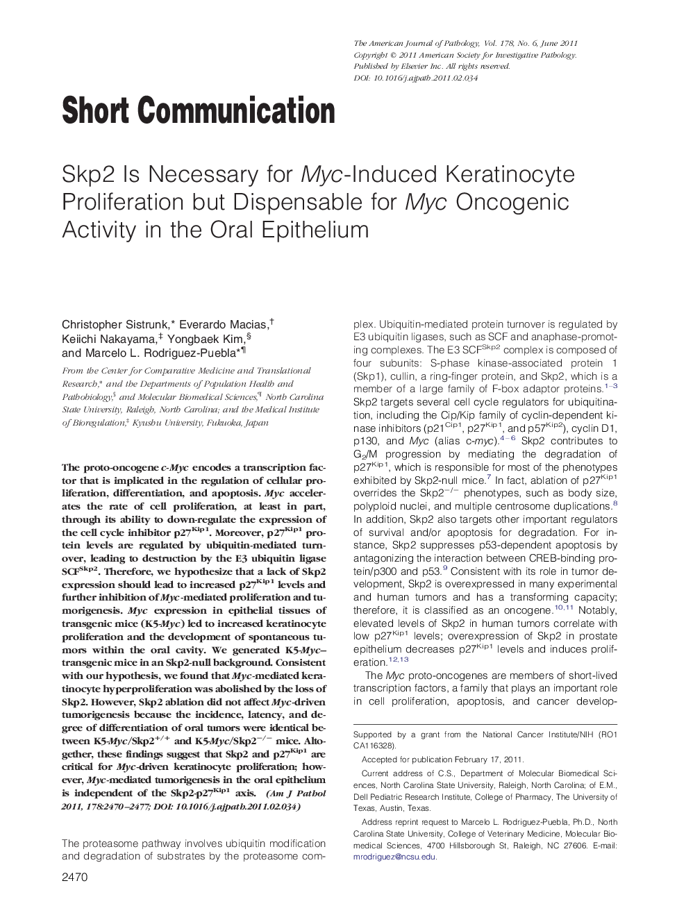 Skp2 Is Necessary for Myc-Induced Keratinocyte Proliferation but Dispensable for Myc Oncogenic Activity in the Oral Epithelium