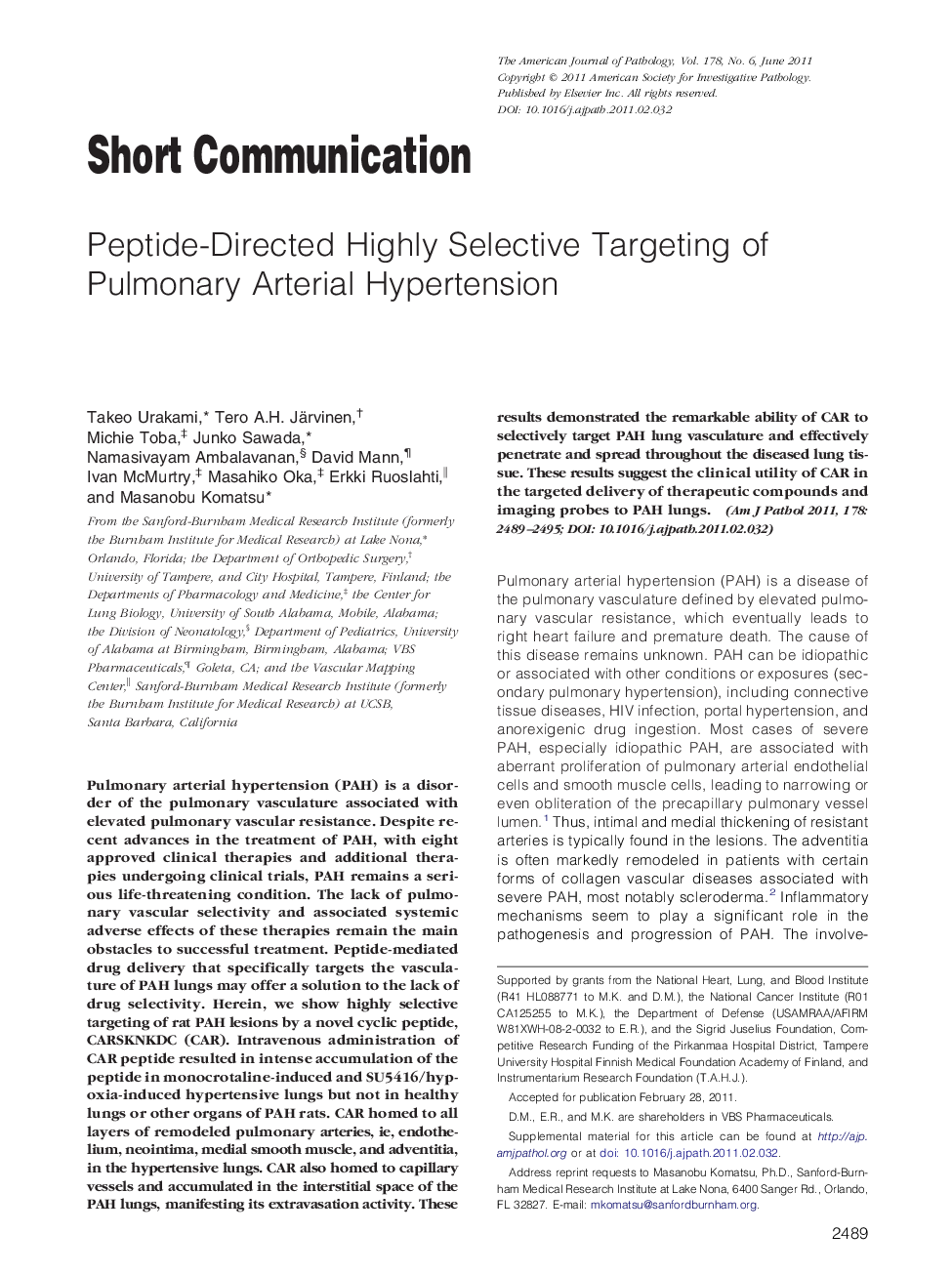 Short communicationPeptide-Directed Highly Selective Targeting of Pulmonary Arterial Hypertension