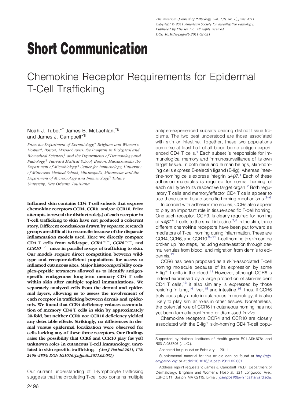 Chemokine Receptor Requirements for Epidermal T-Cell Trafficking