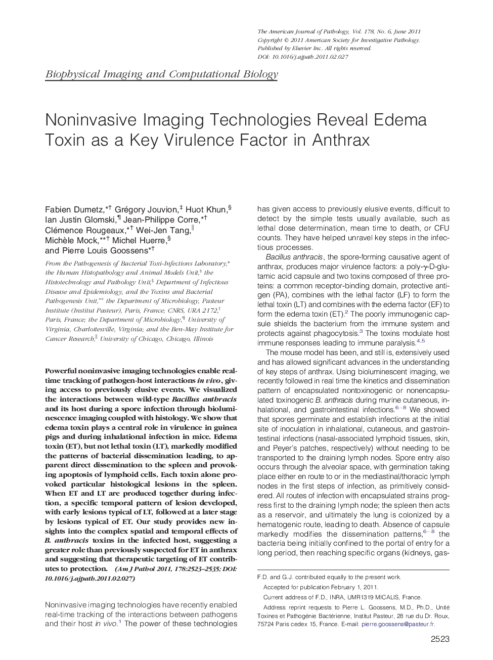 Regular articleBiophysical imaging and computational biologyNoninvasive Imaging Technologies Reveal Edema Toxin as a Key Virulence Factor in Anthrax