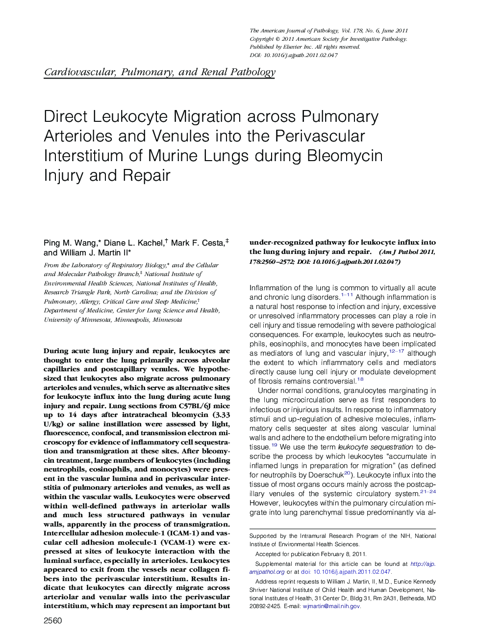 Direct Leukocyte Migration across Pulmonary Arterioles and Venules into the Perivascular Interstitium of Murine Lungs during Bleomycin Injury and Repair