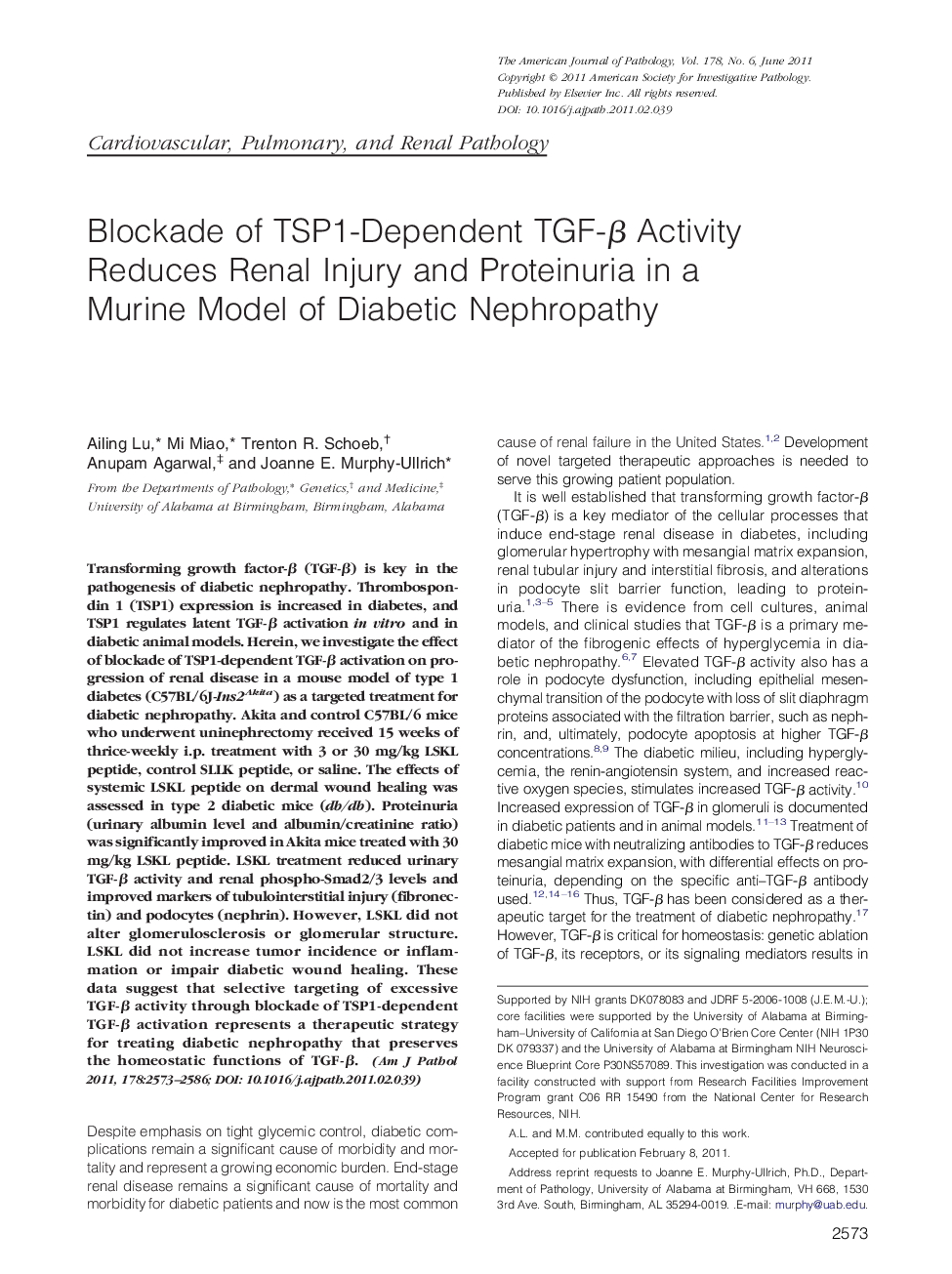 Blockade of TSP1-Dependent TGF-Î² Activity Reduces Renal Injury and Proteinuria in a Murine Model of Diabetic Nephropathy