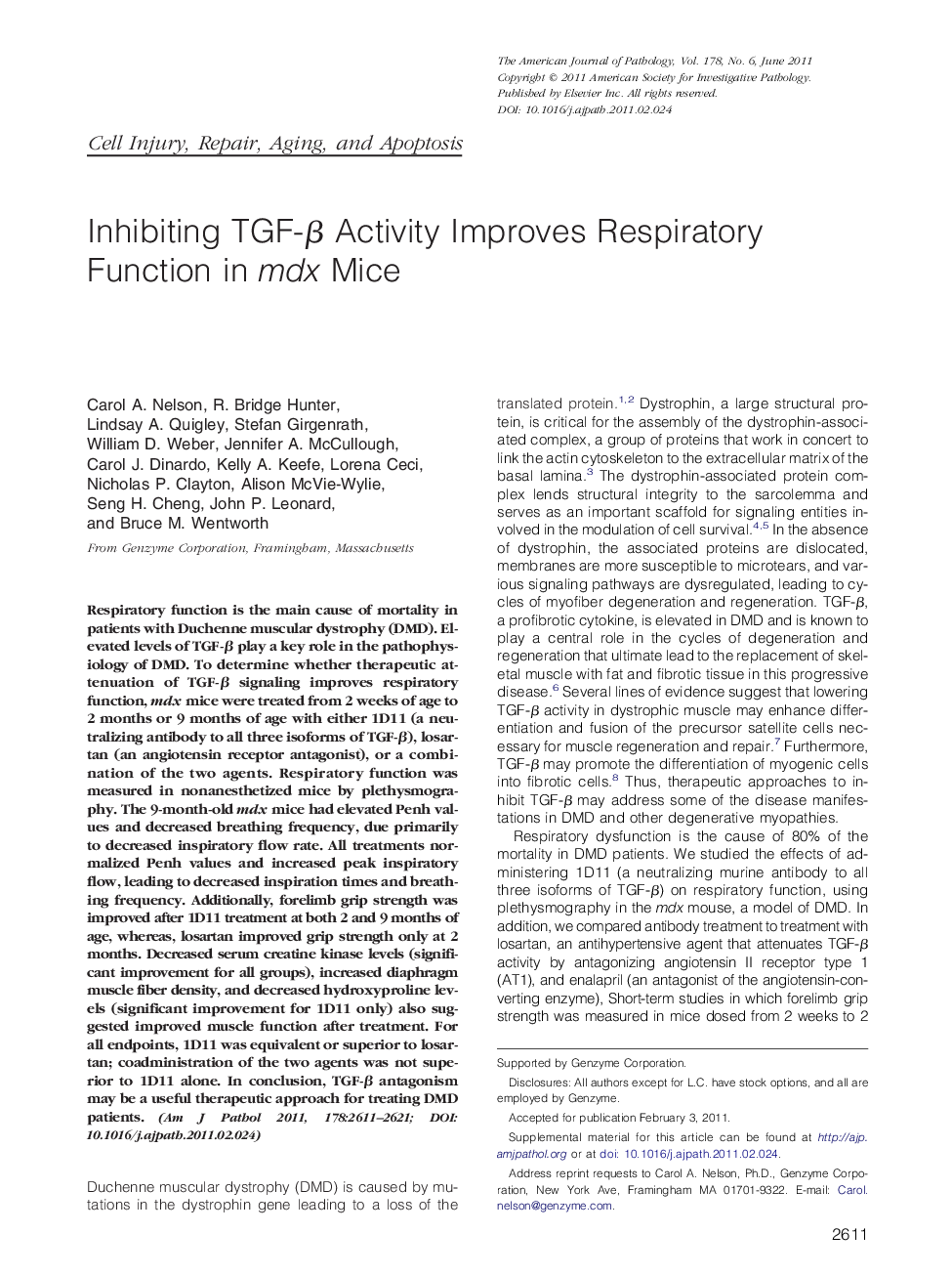 Regular articleCell injury, repair, aging, and apoptosisInhibiting TGF-Î² Activity Improves Respiratory Function in mdx Mice